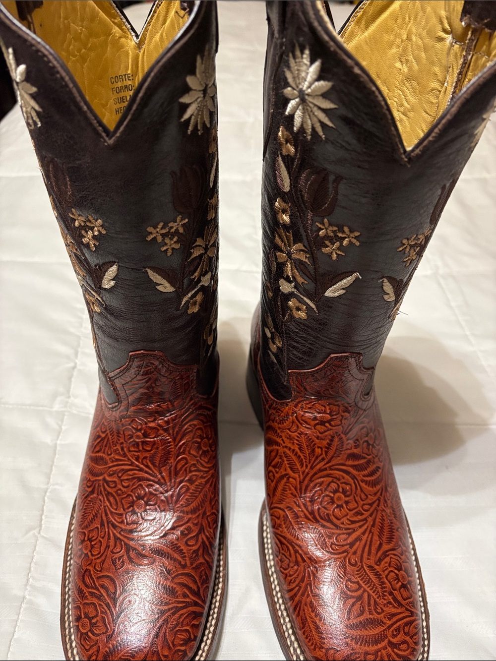 Embroidered Two-Tone Western Leather Boots - Brown